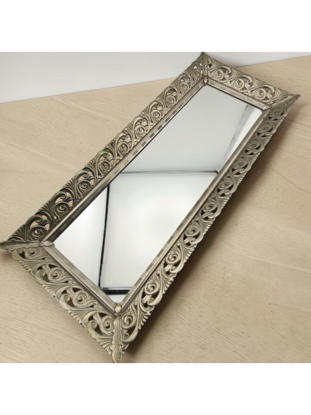 Vintage Filigree Mirror Vanity Dresser Tray Ornate Metal Jewelry Perfume
